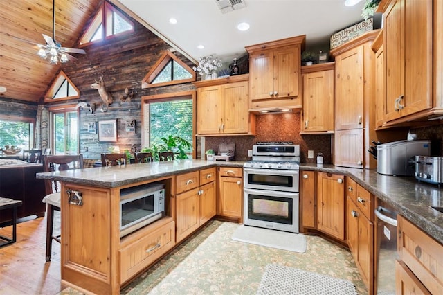 39 E Shore Dr, Arcadia, OK 73007 - kitchen with appliances with stainless steel finishes, a breakfast bar, plenty of natural light, under cabinet range hood, and high vaulted ceiling
