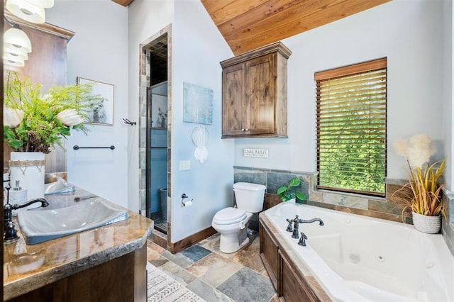 39 E Shore Dr, Arcadia, OK 73007 - bathroom with a shower stall, a whirlpool tub, lofted ceiling, and vanity