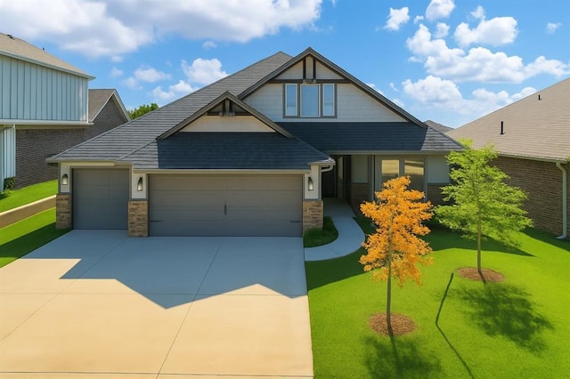 3760 Black Mesa Rd, Norman, OK 73071 - craftsman inspired home with a garage, concrete driveway, a front lawn, and stone siding