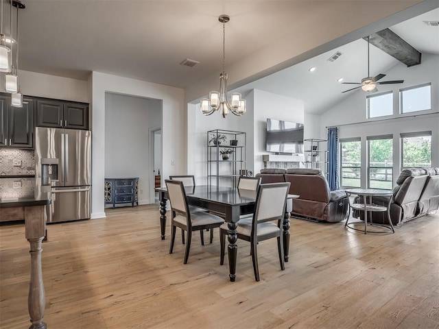 3760 Black Mesa Rd, Norman, OK 73071 - dining area with beamed ceiling, a ceiling fan, light wood finished floors, a chandelier, and high vaulted ceiling