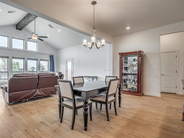 3760 Black Mesa Rd, Norman, OK 73071 - dining space featuring beam ceiling, light wood-style floors, a ceiling fan, a chandelier, and recessed lighting