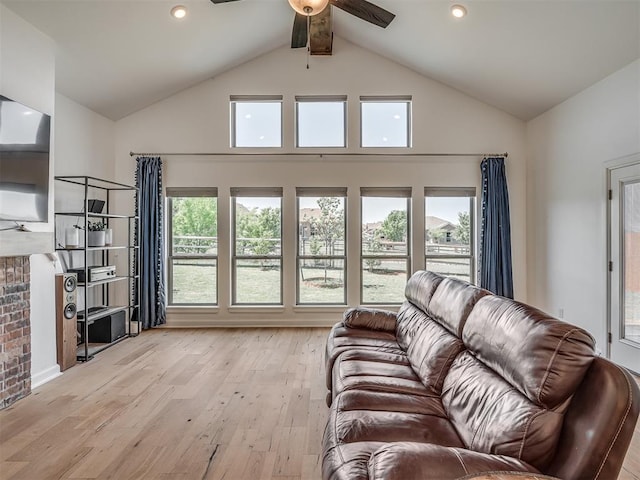 3760 Black Mesa Rd, Norman, OK 73071 - living room with a ceiling fan, high vaulted ceiling, light wood-style flooring, healthy amount of natural light, and beam ceiling