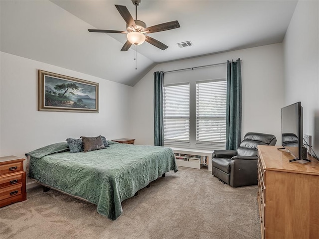 3760 Black Mesa Rd, Norman, OK 73071 - bedroom with light colored carpet, lofted ceiling, and a ceiling fan