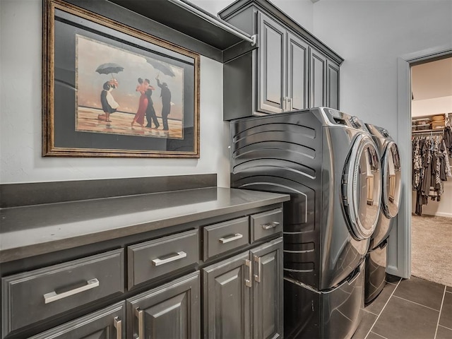 3760 Black Mesa Rd, Norman, OK 73071 - laundry room with cabinet space, independent washer and dryer, dark carpet, and dark tile patterned floors