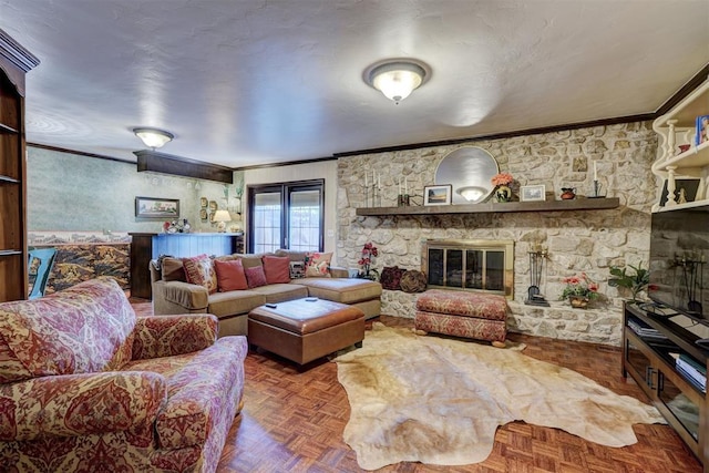 12108 Blue Sage Rd, Oklahoma City, OK 73120 - living area featuring ornamental molding and a stone fireplace