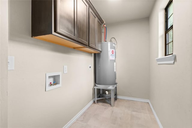 1361 Chestnut Dr, Oklahoma City, OK 73119 - washroom featuring electric water heater, cabinet space, hookup for a washing machine, and hookup for an electric dryer