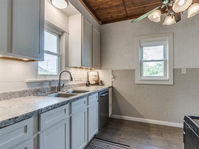 610 N Choctaw Ave, El Reno, OK 73036 - kitchen with wooden ceiling, healthy amount of natural light, dark wood finished floors, dishwasher, and light countertops