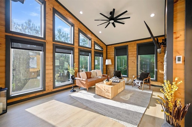 105 S Spruce Trl, Broken Bow, OK 74728 - sunroom / solarium featuring wood walls, wood finished floors, recessed lighting, and high vaulted ceiling