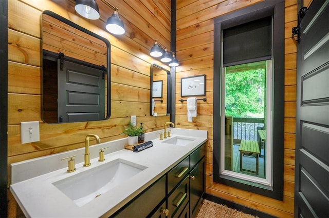 105 S Spruce Trl, Broken Bow, OK 74728 - bathroom with wood walls and double vanity