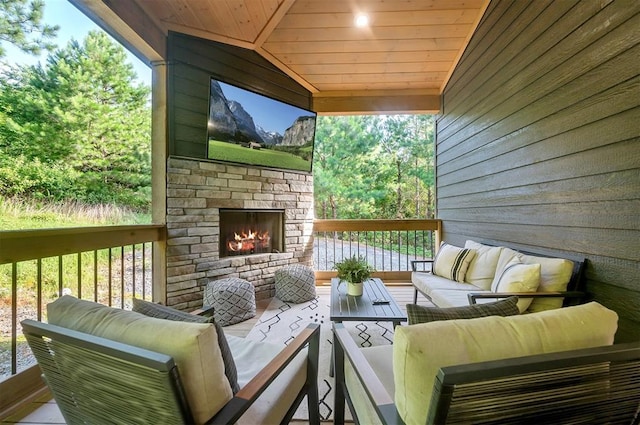 105 S Spruce Trl, Broken Bow, OK 74728 - wooden terrace with an outdoor living space with a fireplace