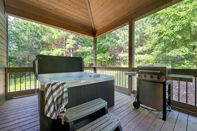 105 S Spruce Trl, Broken Bow, OK 74728 - wooden deck featuring a hot tub and a grill
