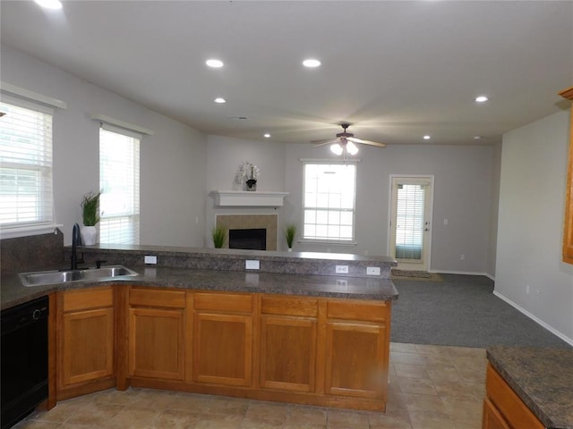 6036 SE 66th St, Oklahoma City, OK 73135 - kitchen featuring black dishwasher, open floor plan, brown cabinetry, a ceiling fan, and recessed lighting