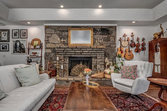 1601 Hazelhurst, Edmond, OK 73013 - living room with a fireplace, wood finished floors, and recessed lighting
