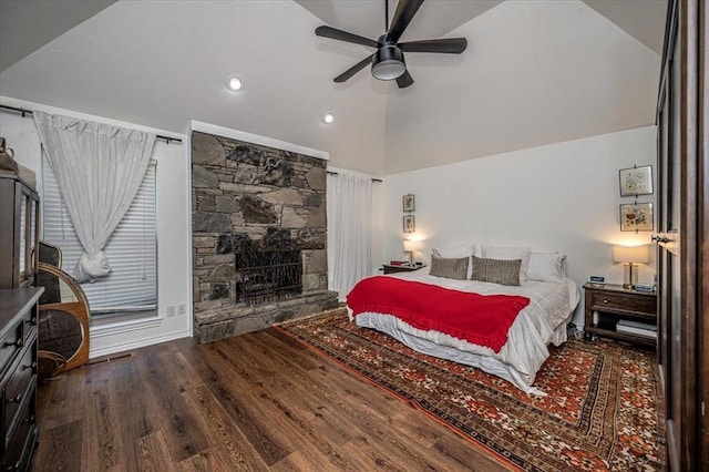 1601 Hazelhurst, Edmond, OK 73013 - bedroom featuring vaulted ceiling, wood finished floors, recessed lighting, and a ceiling fan
