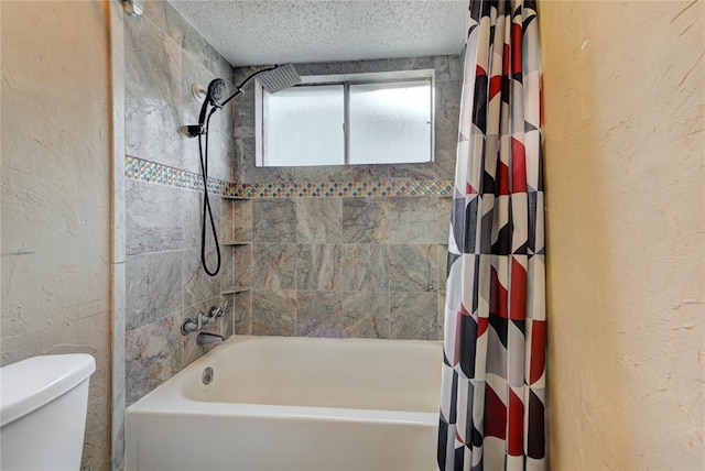 1021 SW 1st St, Moore, OK 73160 - full bath with shower / bath combination with curtain, a textured ceiling, and a textured wall