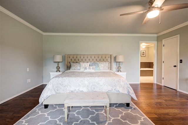 5305 Circle Gln, Edmond, OK 73025 - bedroom featuring wood finished floors, crown molding, a ceiling fan, and ensuite bath