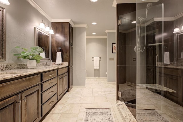 5305 Circle Gln, Edmond, OK 73025 - bathroom with ornamental molding, double vanity, a stall shower, recessed lighting, and marble look tile flooring