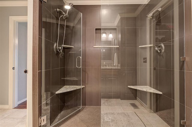 5305 Circle Gln, Edmond, OK 73025 - full bath with a shower stall, crown molding, and tile patterned flooring
