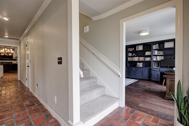 5305 Circle Gln, Edmond, OK 73025 - stairway with ornamental molding and brick floors
