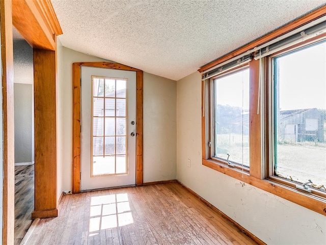 2618 NW Apache Rd, Piedmont, OK 73078 - unfurnished room with a textured ceiling, light wood-type flooring, vaulted ceiling, and plenty of natural light