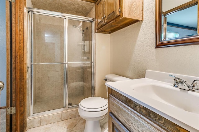 10201 Mantle Ct, Oklahoma City, OK 73162 - bathroom with vanity, a shower stall, a textured wall, and tile patterned floors