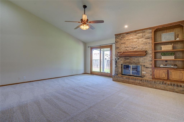 2109 Shamrock Dr, Edmond, OK 73003 - unfurnished living room with carpet floors, ceiling fan, a fireplace, recessed lighting, and high vaulted ceiling