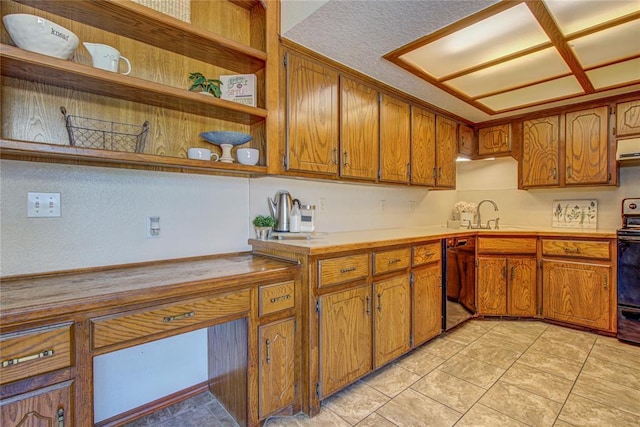 2109 Shamrock Dr, Edmond, OK 73003 - kitchen with open shelves, brown cabinets, and black appliances