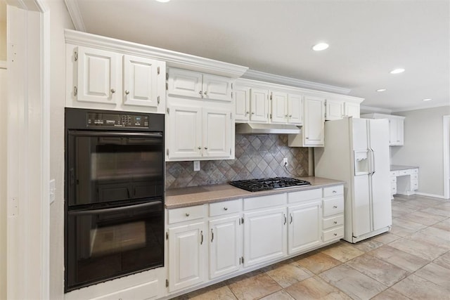 3000 Middlesex Dr, Oklahoma City, OK 73120 - kitchen featuring gas cooktop, white fridge with ice dispenser, crown molding, decorative backsplash, and white cabinets