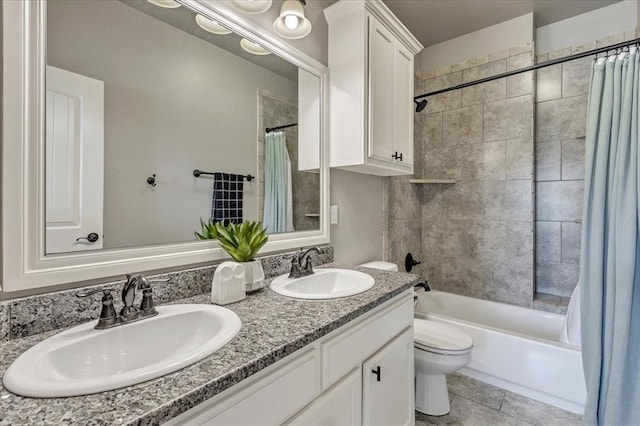 18608 Summer Grove Ave, Edmond, OK 73012 - full bathroom with double vanity, shower / bathtub combination with curtain, and tile patterned flooring