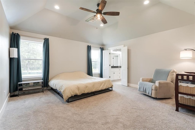 337030 E 1016th Rd, Meeker, OK 74855 - bedroom featuring vaulted ceiling, light colored carpet, connected bathroom, recessed lighting, and ceiling fan