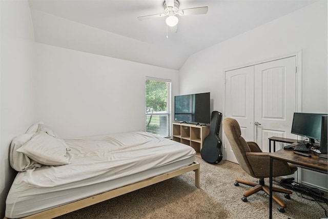 3751 Rock Dove Lndg, Edmond, OK 73034 - carpeted bedroom with vaulted ceiling, a closet, an office area, and a ceiling fan