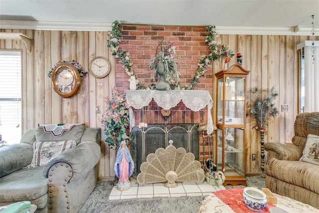 616 Kingston Dr, Yukon, OK 73099 - living area with tile patterned floors, wooden walls, and a fireplace