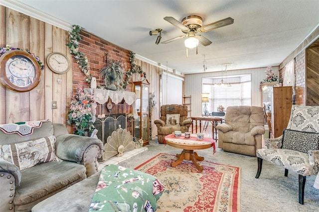 616 Kingston Dr, Yukon, OK 73099 - living room featuring ceiling fan, wood walls, and carpet floors