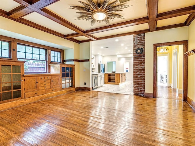 701 NW 21st St, Oklahoma City, OK 73103 - unfurnished living room featuring coffered ceiling, light wood-style floors, plenty of natural light, beamed ceiling, and ceiling fan