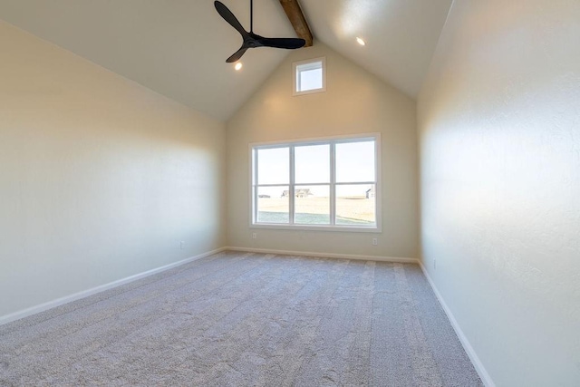 4334 White Ash Dr, Piedmont, OK 73078 - empty room with a ceiling fan, beamed ceiling, high vaulted ceiling, carpet, and recessed lighting