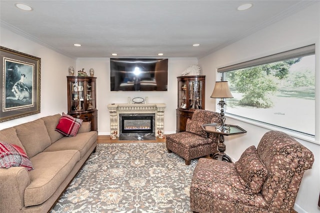 2299 Coretta Ave, Duncan, OK 73534 - living area with a premium fireplace, wood finished floors, crown molding, and recessed lighting