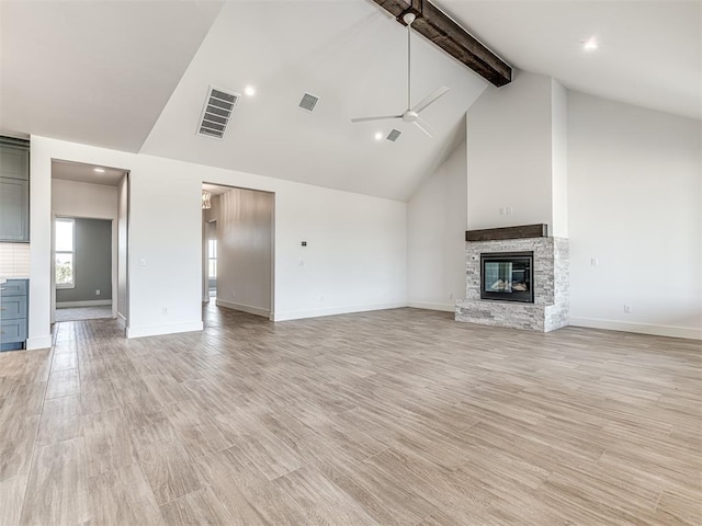 6881 Lake View Ct, Cashion, OK 73016 - unfurnished living room with a ceiling fan, beam ceiling, high vaulted ceiling, a fireplace, and light wood-style flooring