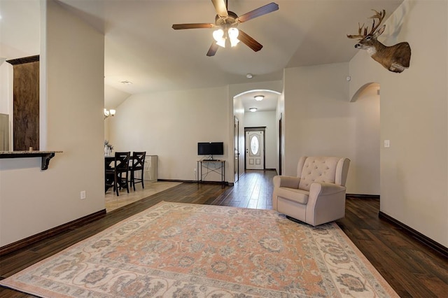 2305 Makaila Way, Yukon, OK 73099 - sitting room featuring arched walkways, lofted ceiling, wood finished floors, and ceiling fan