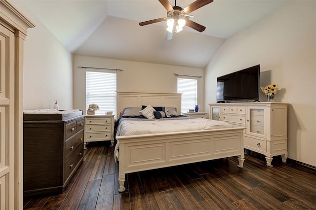 2305 Makaila Way, Yukon, OK 73099 - bedroom featuring vaulted ceiling, dark wood-style flooring, and a ceiling fan