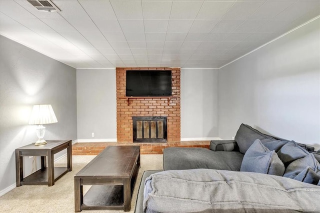 601 N Dobbs Rd, Harrah, OK 73045 - carpeted living area with crown molding and a brick fireplace