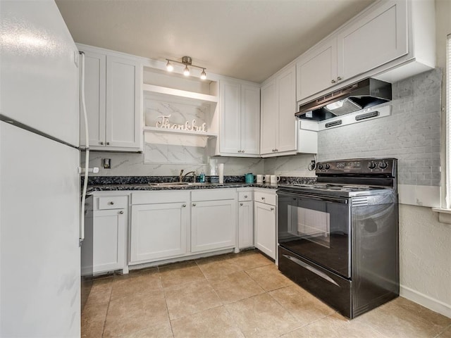 3804 NW 52nd St, Oklahoma City, OK 73112 - kitchen featuring black / electric stove, freestanding refrigerator, under cabinet range hood, open shelves, and white cabinets