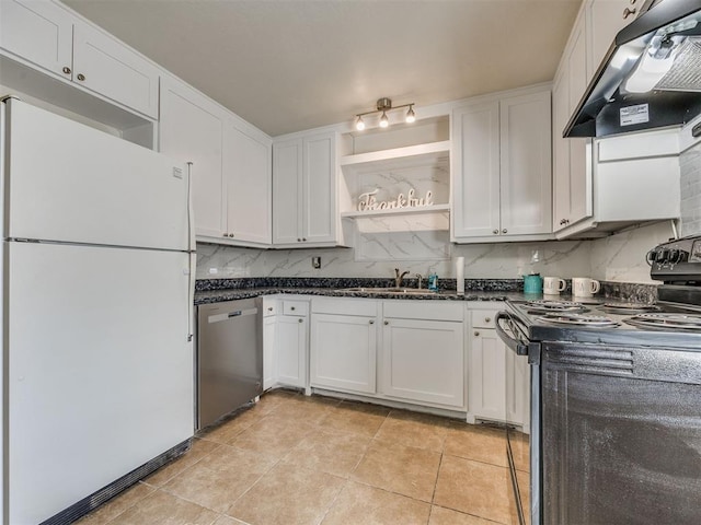 3804 NW 52nd St, Oklahoma City, OK 73112 - kitchen with freestanding refrigerator, black range with electric stovetop, stainless steel dishwasher, under cabinet range hood, and open shelves