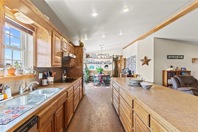 5097 County St Unit 2580, Hinton, OK 73047 - kitchen featuring lofted ceiling, dishwasher, dark wood-style floors, under cabinet range hood, and pendant lighting