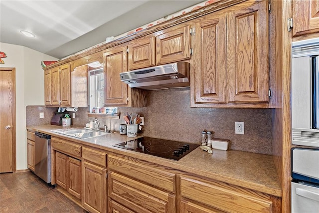 5097 County St Unit 2580, Hinton, OK 73047 - kitchen with under cabinet range hood, black electric stovetop, dishwasher, tasteful backsplash, and light countertops