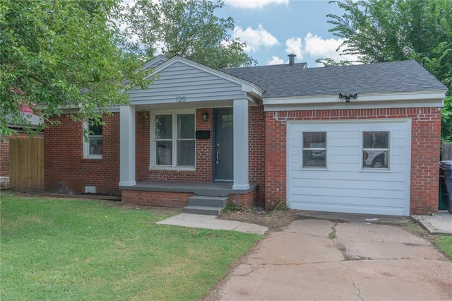 1120 SW 47th St, Oklahoma City, OK 73109 - view of front of home with brick siding, covered porch, a front yard, and a shingled roof