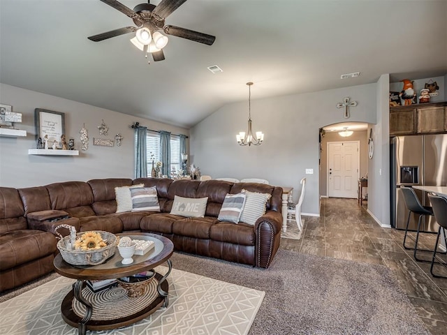 12812 Double V Dr, Piedmont, OK 73078 - living room featuring a ceiling fan, a chandelier, lofted ceiling, and arched walkways