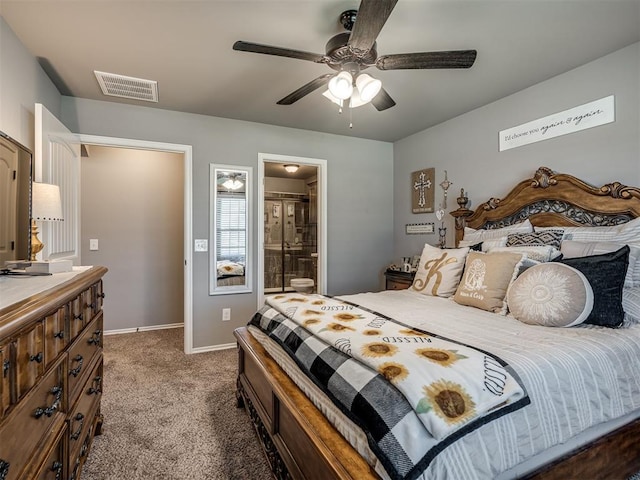 12812 Double V Dr, Piedmont, OK 73078 - bedroom featuring dark carpet, ceiling fan, and ensuite bath