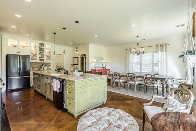 775 Magnolia Ln, Tuttle, OK 73089 - kitchen with freestanding refrigerator, recessed lighting, tasteful backsplash, a chandelier, and green cabinets