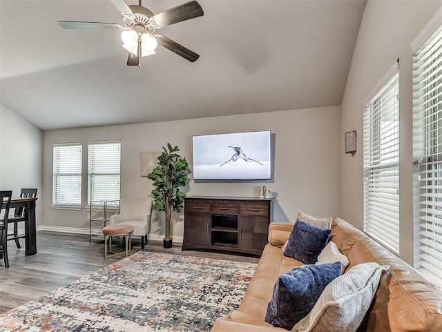 3529 Slate River Dr, Yukon, OK 73099 - living room with vaulted ceiling, wood finished floors, and a ceiling fan