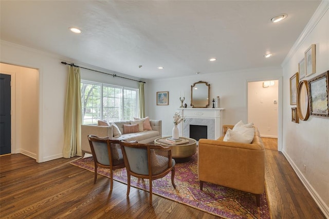 1114 Glenwood Ave, Nichols Hills, OK 73116 - living room with dark wood-style floors, ornamental molding, a fireplace, and recessed lighting